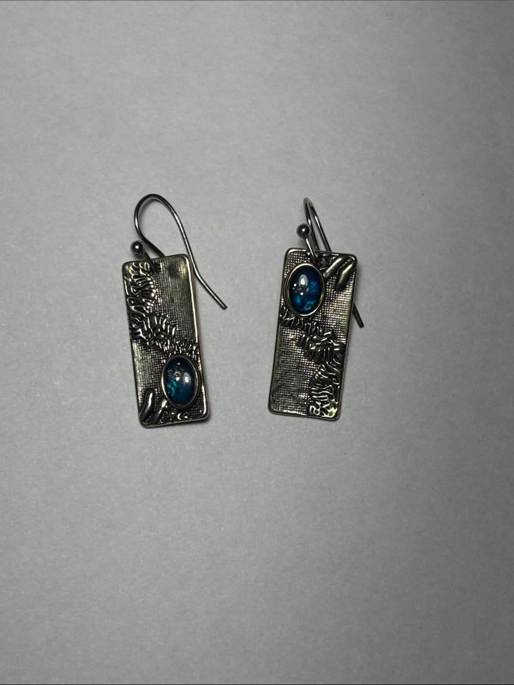Sterling-Look Rectangular Dangle Earrings with Blue Stone